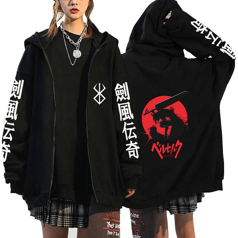Anime Berserk Pattern Printed Hooded Sweatshirt for Men and Women Long Sleeve Casual Zip-Up Top