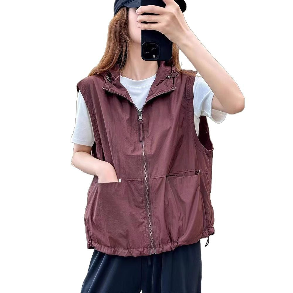 Spring and Summer Lightweight Breathable Outdoor Sports Casual Two-Way Wear Hooded Vest for Women Fashion Versatile Waistcoat Outerwear