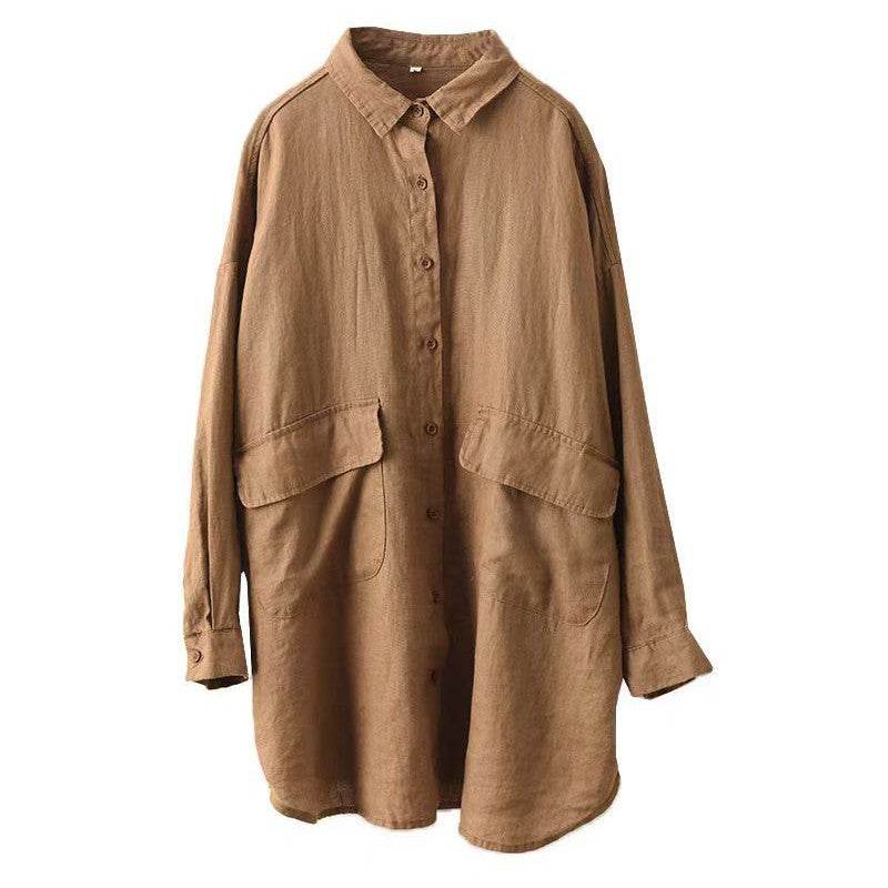 Linen Shirt Women Vintage Sand-Washed Mid-Length Large Pocket Loose Cardigan Outerwear Top