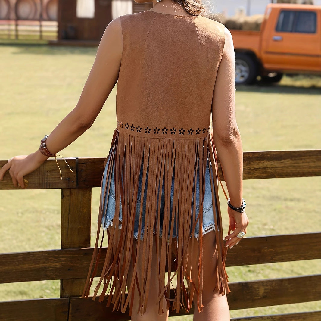 Women's Fringed Hem Bohemian Style Vest Hollow Out Sleeveless