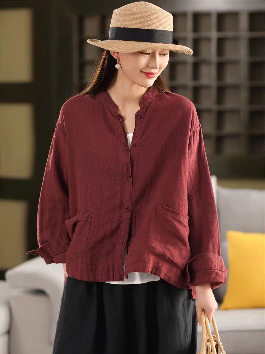 Spring New Color Sand-Washed Linen Shirt Elegant Stand Collar Long Sleeve Blouse Single Breasted Open Cardigan Top