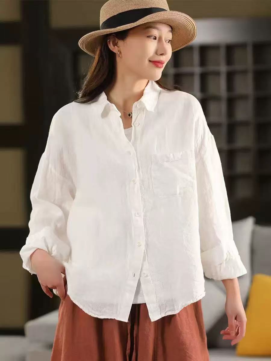 Heavy Washed Linen Shirt Jacket for Women - Elegant Notched Collar Long Sleeve Blouse Cardigan