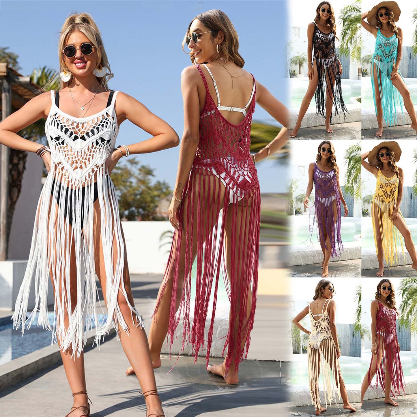 Sexy Swimwear Strap Bikini Top Tassel Hem Dress Hollow Out Cover-Up Beach Dress Cover-Up