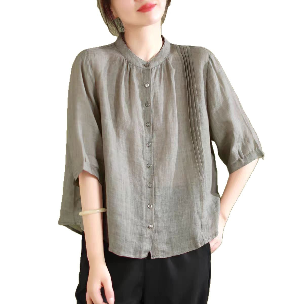 Spring New Literary Retro Five-Quarter Sleeve Hemp Shirt Women Loose Slim Fit Solid Color Top