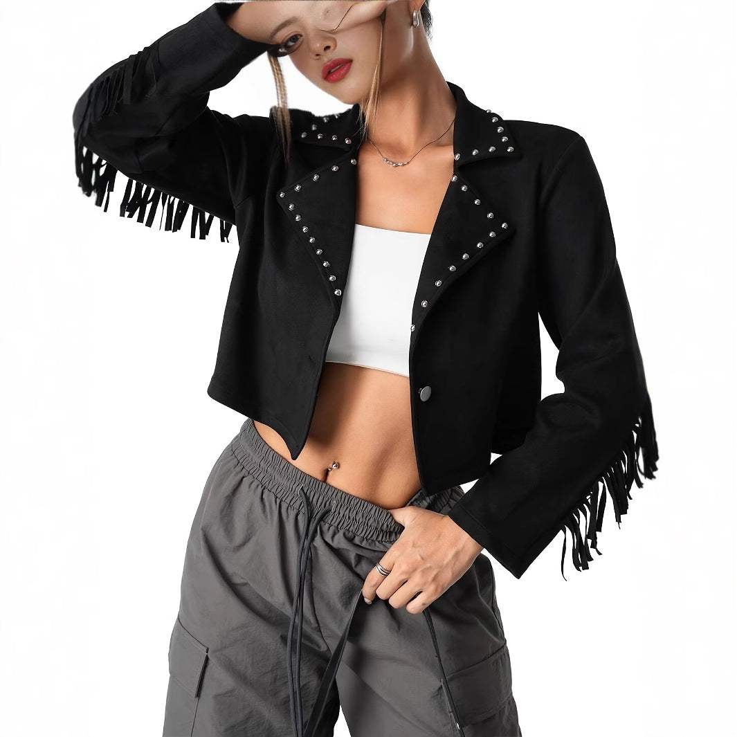 Suede Fringe Women's Short Jacket with Metal Studs Design