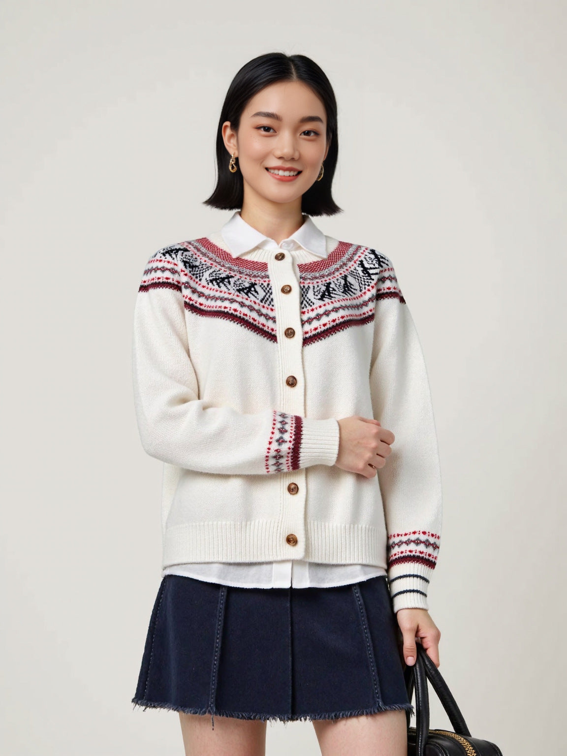 Fair Isle Jacquard Knit Women's Autumn Winter Round Neck Loose Lazy Style Cardigan Jacket