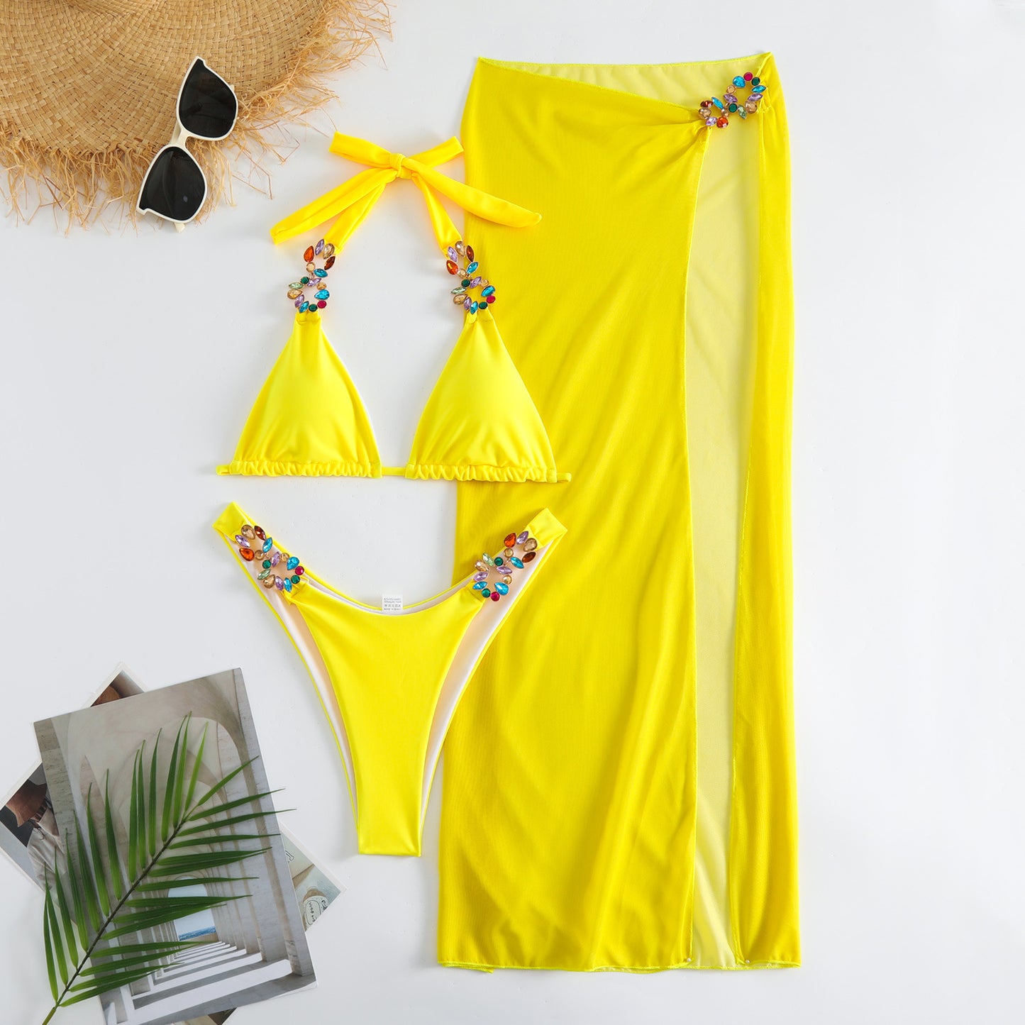 Rhinestone Solid Color Long Skirt Mesh Three-Piece Swimsuit Bikini Set