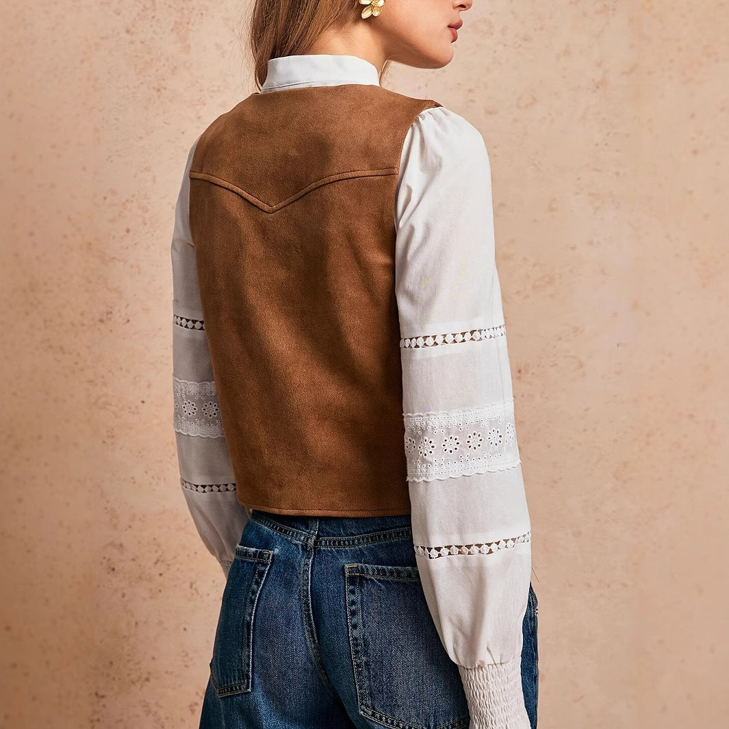 Women's Solid Color Suede Casual Retro Fringe Decorated Front Metal Button Vest Jacket