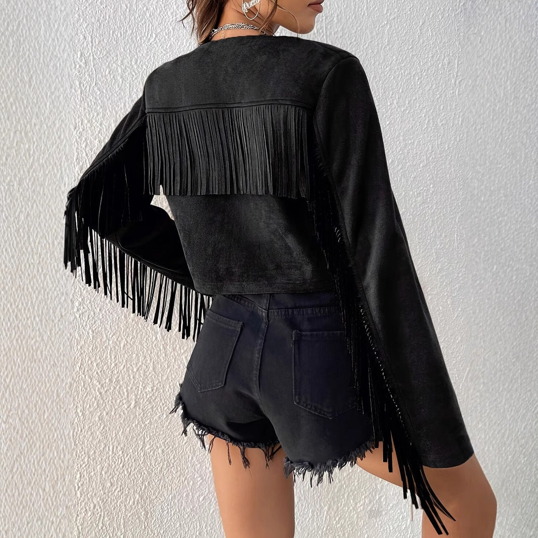 Solid Color Tassel Rivet Design Front Opening Short Jacket for Women