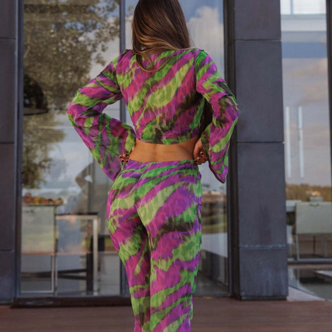 European and American Style Printed Striped Tie-Dye Belted Chiffon Beach Pants Set
