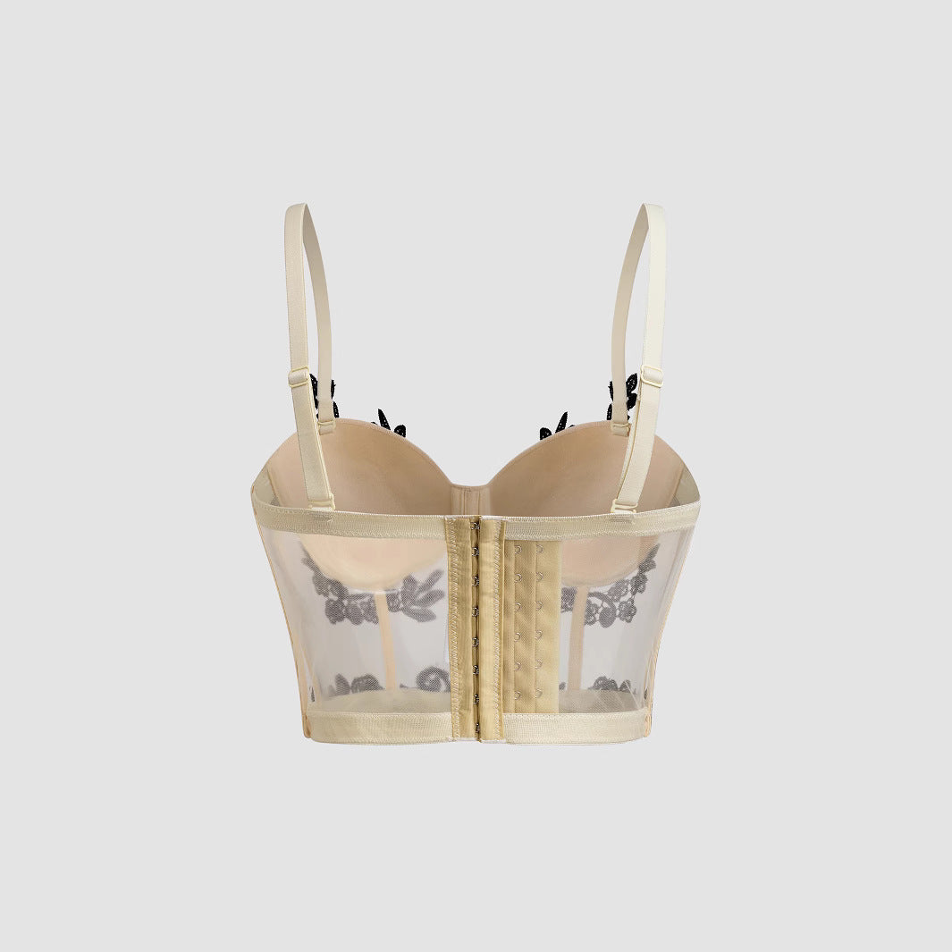 Embroidered Floral Sexy Sheer Mesh Fitted Boned Bustier