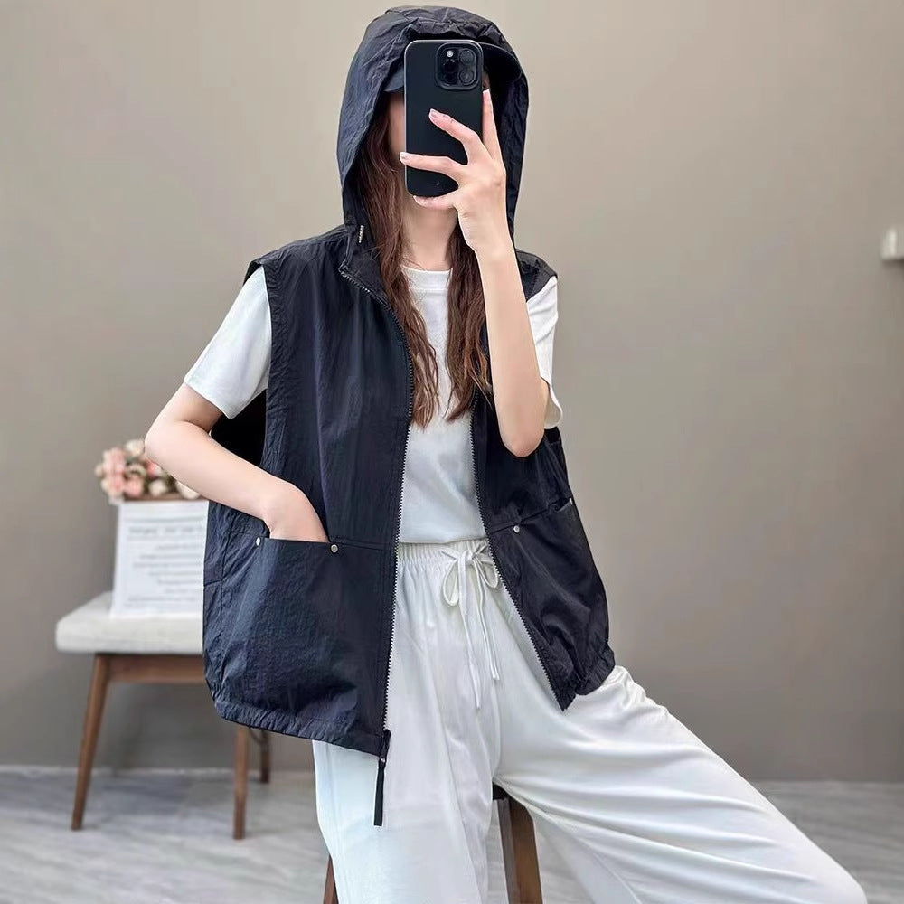 Spring and Summer Lightweight Breathable Outdoor Sports Casual Two-Way Wear Hooded Vest for Women Fashion Versatile Waistcoat Outerwear