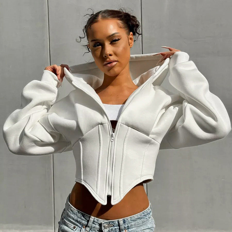 Casual zipper long sleeved hooded cardigan short jacket