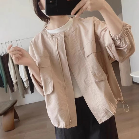 Round Neck Shirt Women's Spring Autumn New Loose Slimming Korean Version Simple Unique Design Age-Reducing Pocket Top