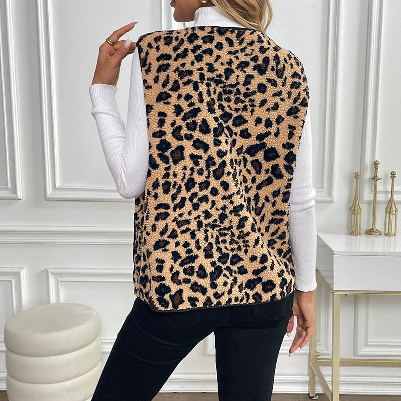 V-Neck Sleeveless Vest Women's Tank Top Leopard Print Open Cardigan Top