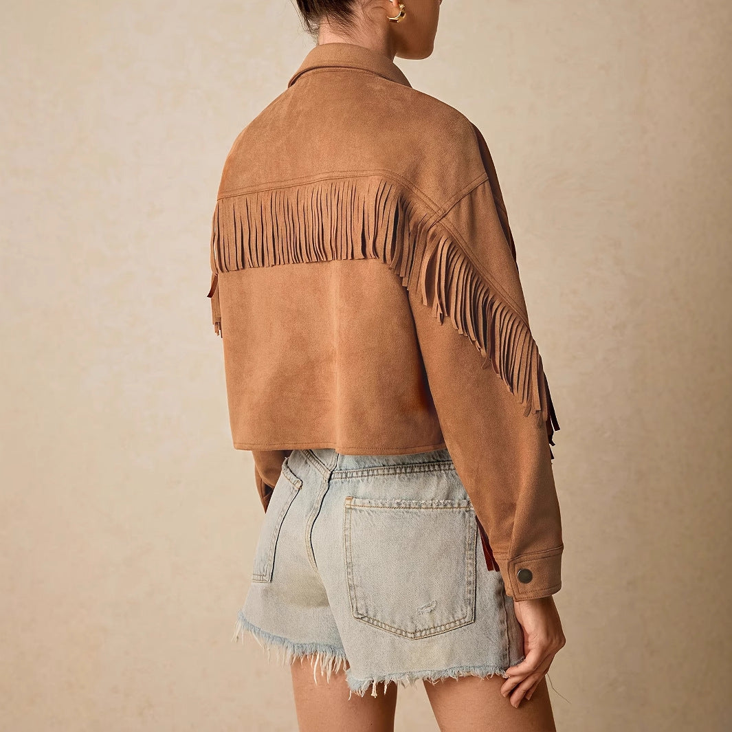 Women's Solid Color Drop Shoulder Long Sleeve Fringe Trim Casual Jacket