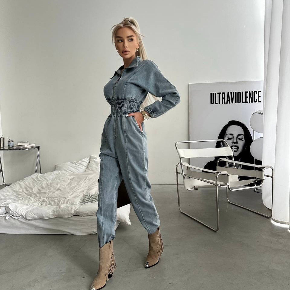 Youthful Washed Denim Jumpsuit Women's High-Grade Long Pants Style
