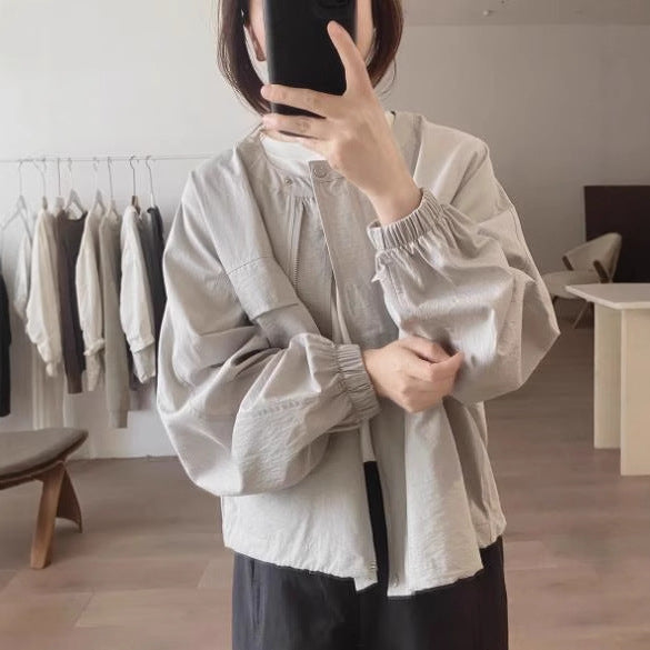 Round Neck Shirt Women's Spring Autumn New Loose Slimming Korean Version Simple Unique Design Age-Reducing Pocket Top