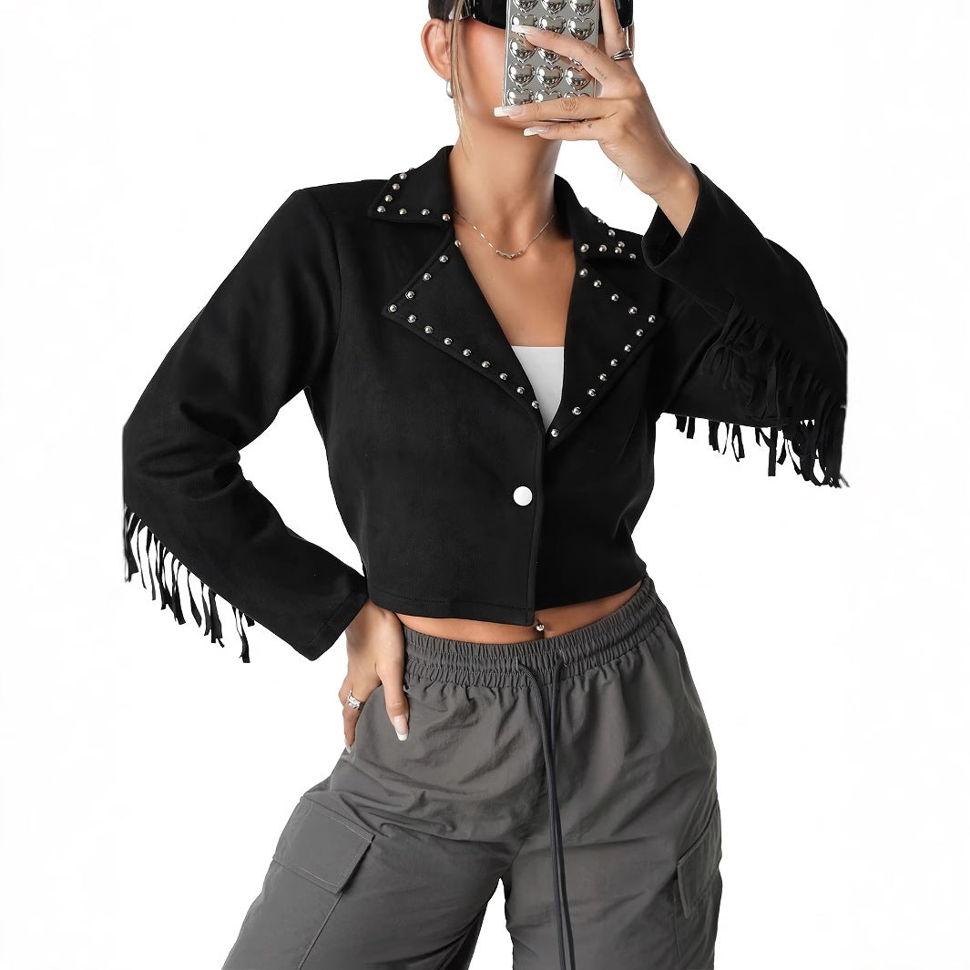 Suede Fringe Women's Short Jacket with Metal Studs Design
