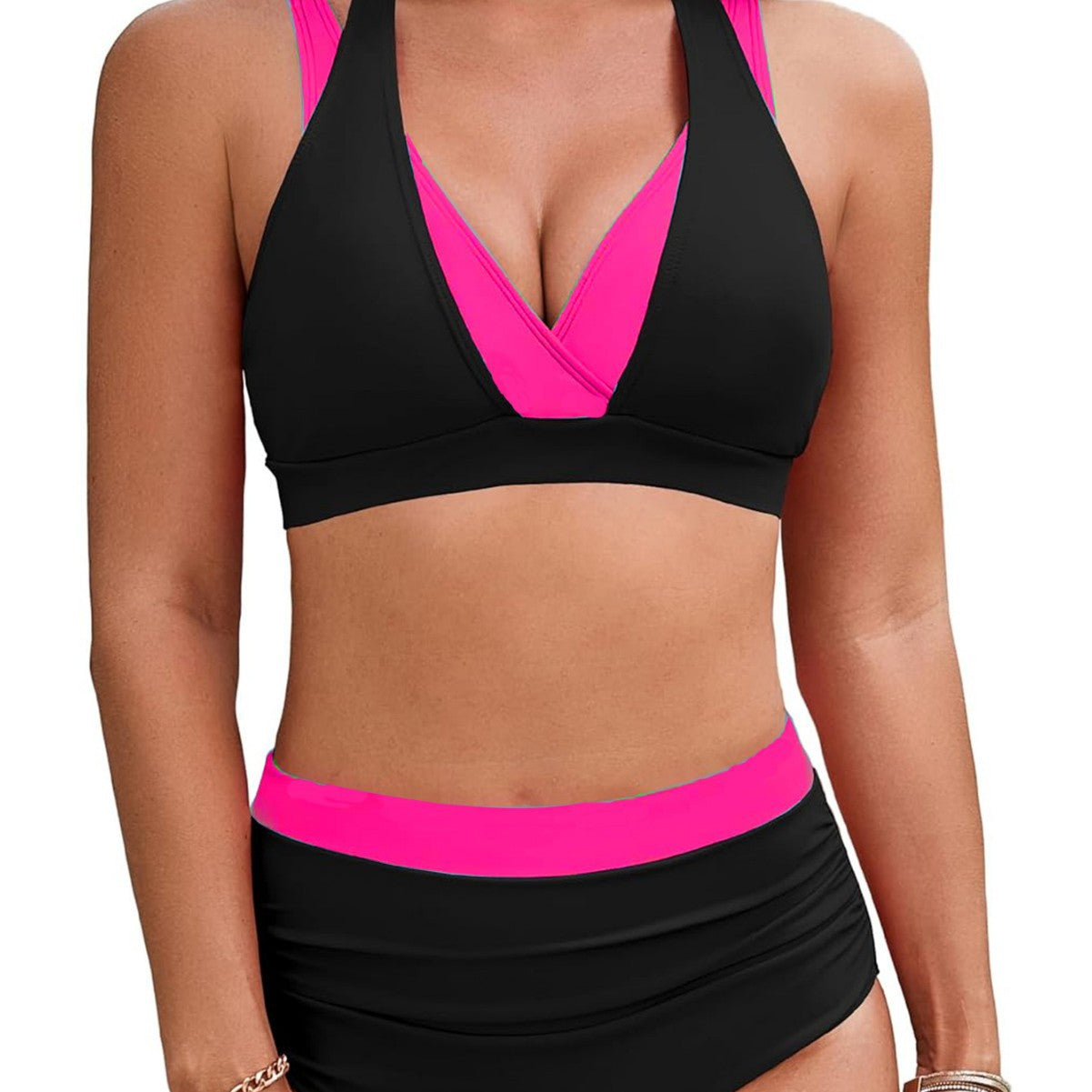 Color-blocked Halter High-waisted Sexy Bikini Two-piece Swimsuit for Women