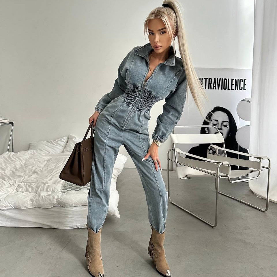 Youthful Washed Denim Jumpsuit Women's High-Grade Long Pants Style