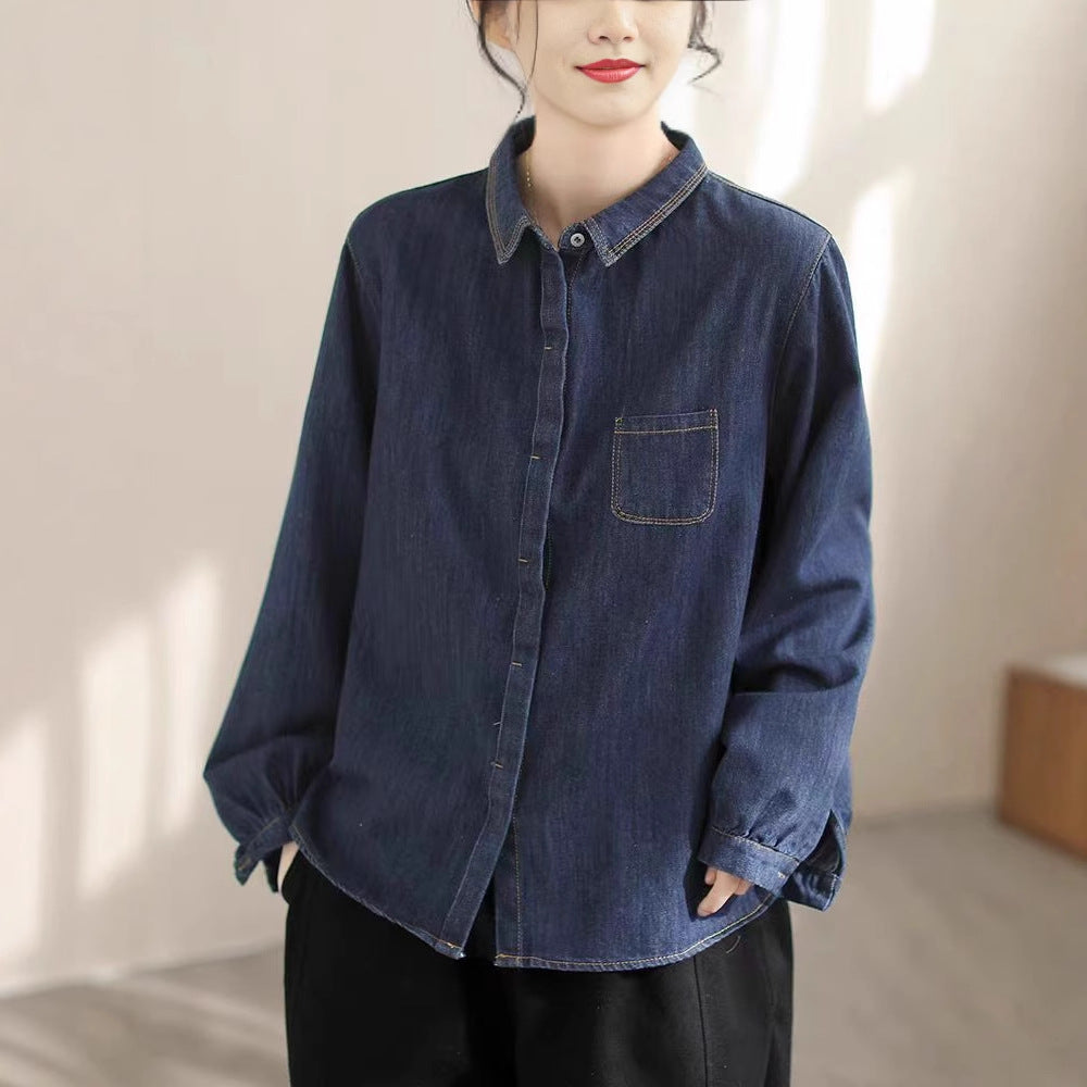 Spring New Denim Shirt Fashion Solid Color Denim Cotton Turn-down Collar High-end Women's Cardigan