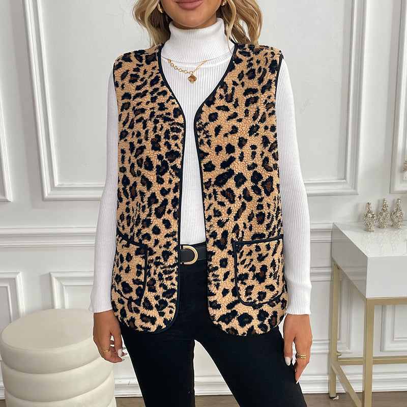 V-Neck Sleeveless Vest Women's Tank Top Leopard Print Open Cardigan Top