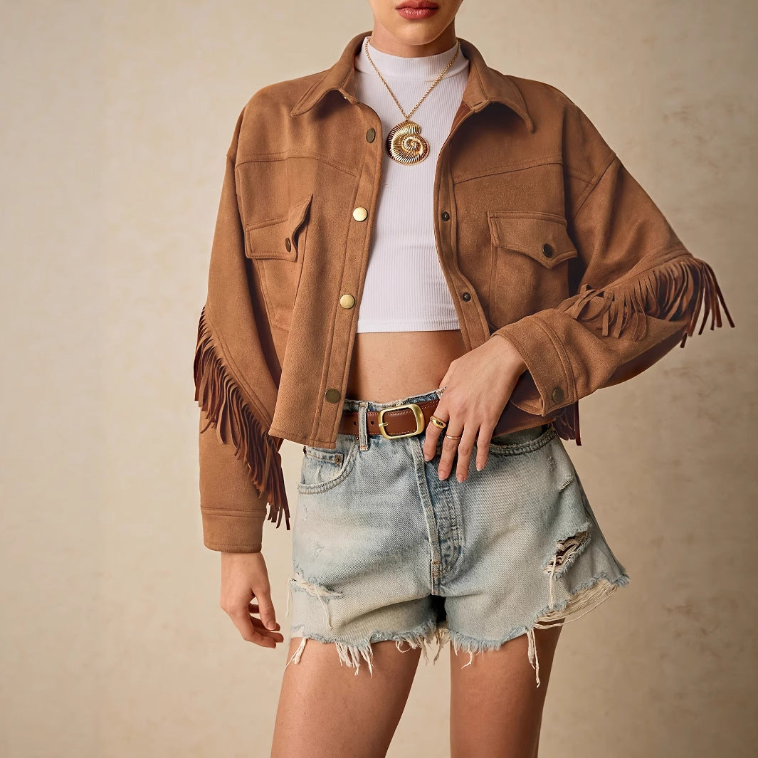 Women's Solid Color Drop Shoulder Long Sleeve Fringe Trim Casual Jacket