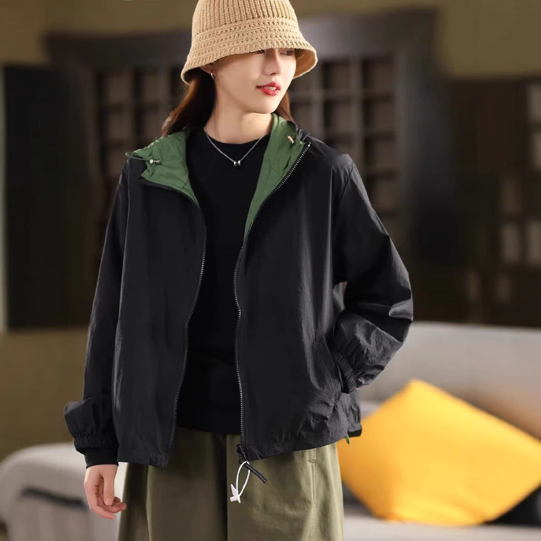 Reversible Women's Cotton Fashion Drawstring Hem Open Front Cardigan Windbreaker
