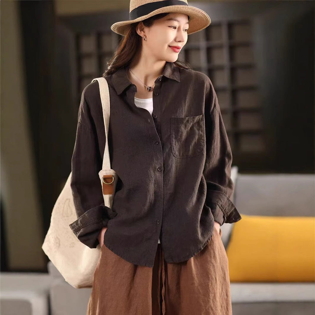 Heavy Washed Linen Shirt Jacket for Women - Elegant Notched Collar Long Sleeve Blouse Cardigan