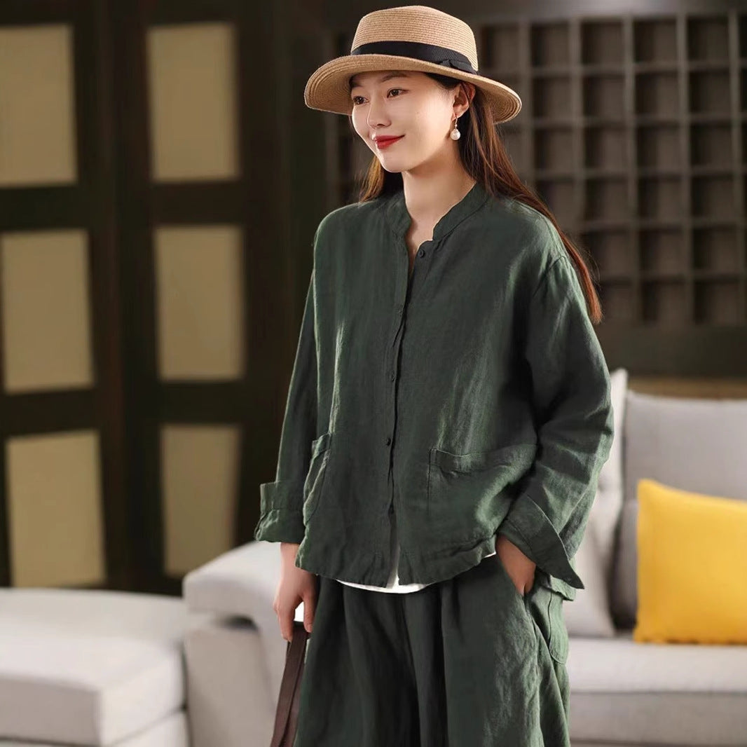 Spring New Color Sand-Washed Linen Shirt Elegant Stand Collar Long Sleeve Blouse Single Breasted Open Cardigan Top