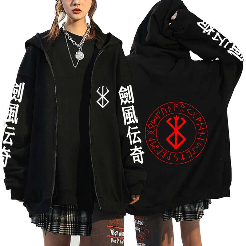Anime Berserk Pattern Printed Hooded Sweatshirt for Men and Women Long Sleeve Casual Zip-Up Top