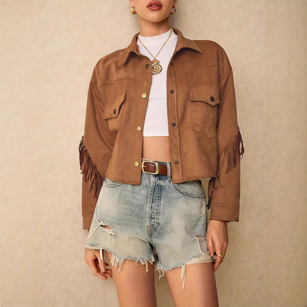 Women's Solid Color Drop Shoulder Long Sleeve Fringe Trim Casual Jacket