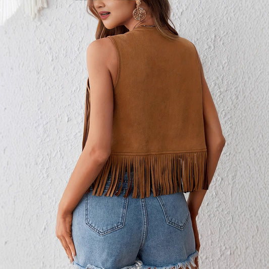 Women's Metal Stud Tassel Decorated Cardigan Vest Imitation Suede Summer Jacket