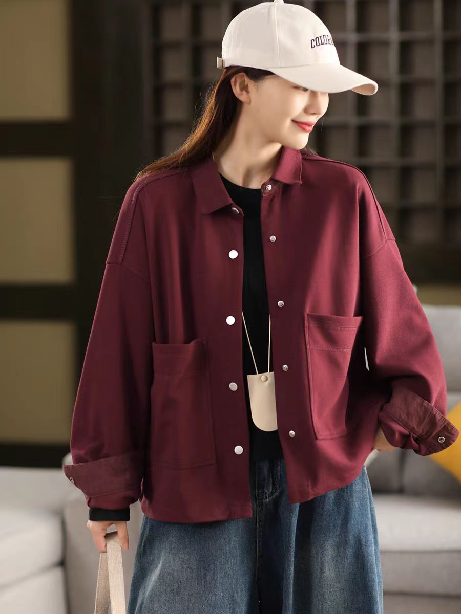 Literary Large Pocket Women's Single Breasted Notched Lapel Long Sleeve Cardigan Casual Outerwear