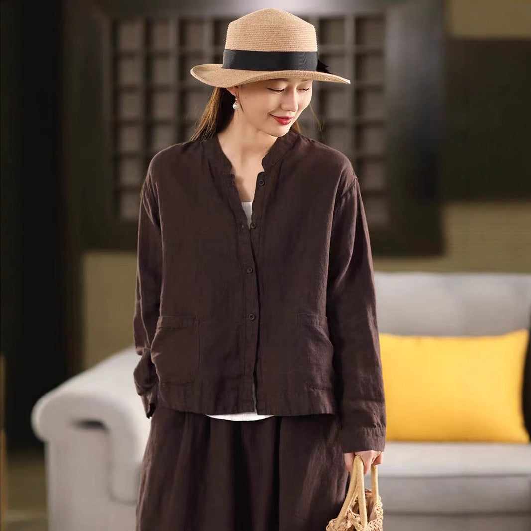 Spring New Color Sand-Washed Linen Shirt Elegant Stand Collar Long Sleeve Blouse Single Breasted Open Cardigan Top