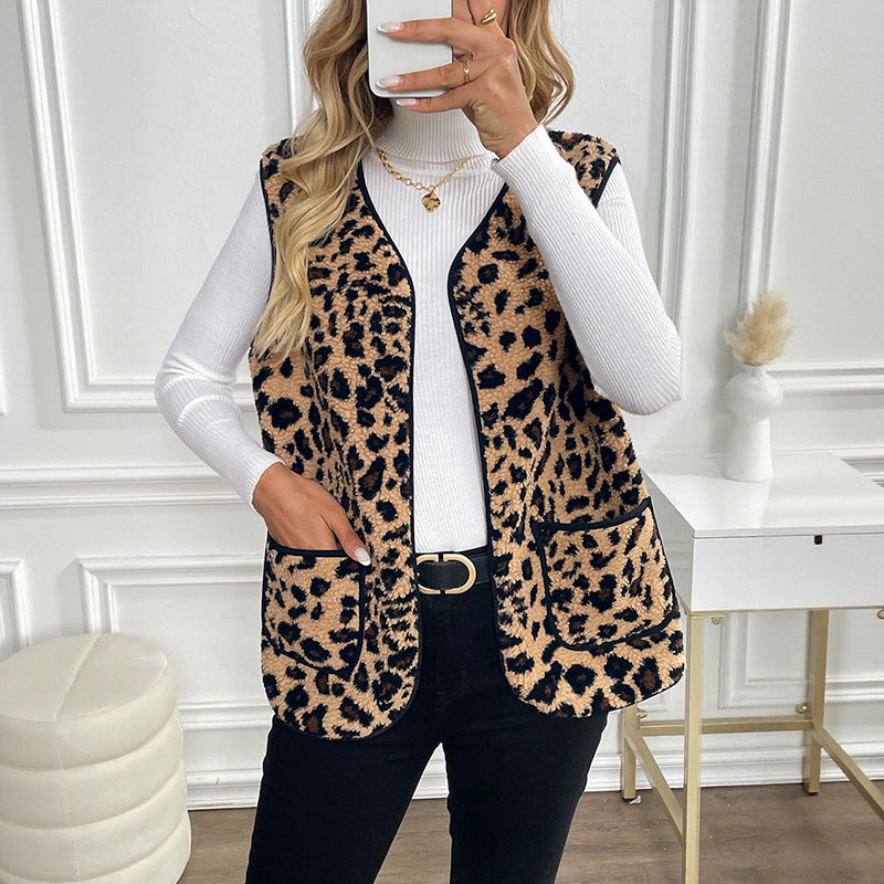 V-Neck Sleeveless Vest Women's Tank Top Leopard Print Open Cardigan Top