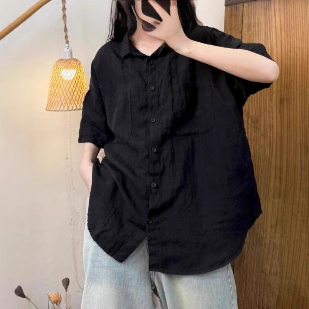 Casual Versatile Sand-Washed Linen Buttoned Short-Sleeved Shirt with Turn-Down Collar for Women