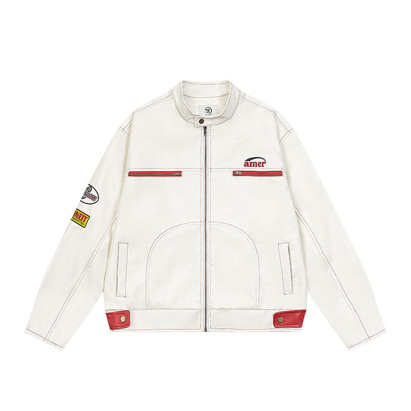 Red and white contrasting embroidered leather jacket with stand up collar