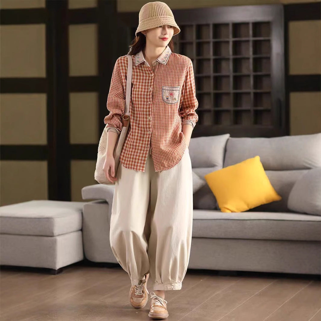 Vintage Cotton Shirt with Embroidery and Double Layer Design, Literary Plaid Striped Long Sleeve Top
