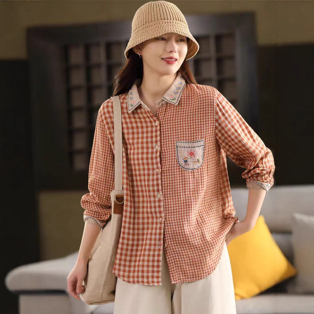 Vintage Cotton Shirt with Embroidery and Double Layer Design, Literary Plaid Striped Long Sleeve Top