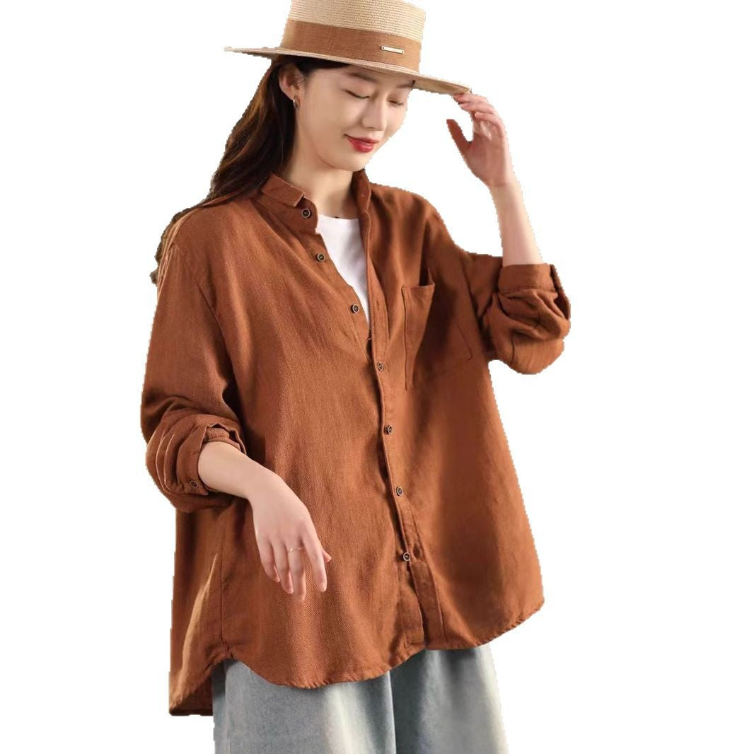 Vintage Washed Hemp Shirt Jacket for Women - Retro Collar Long Sleeve Casual Outerwear