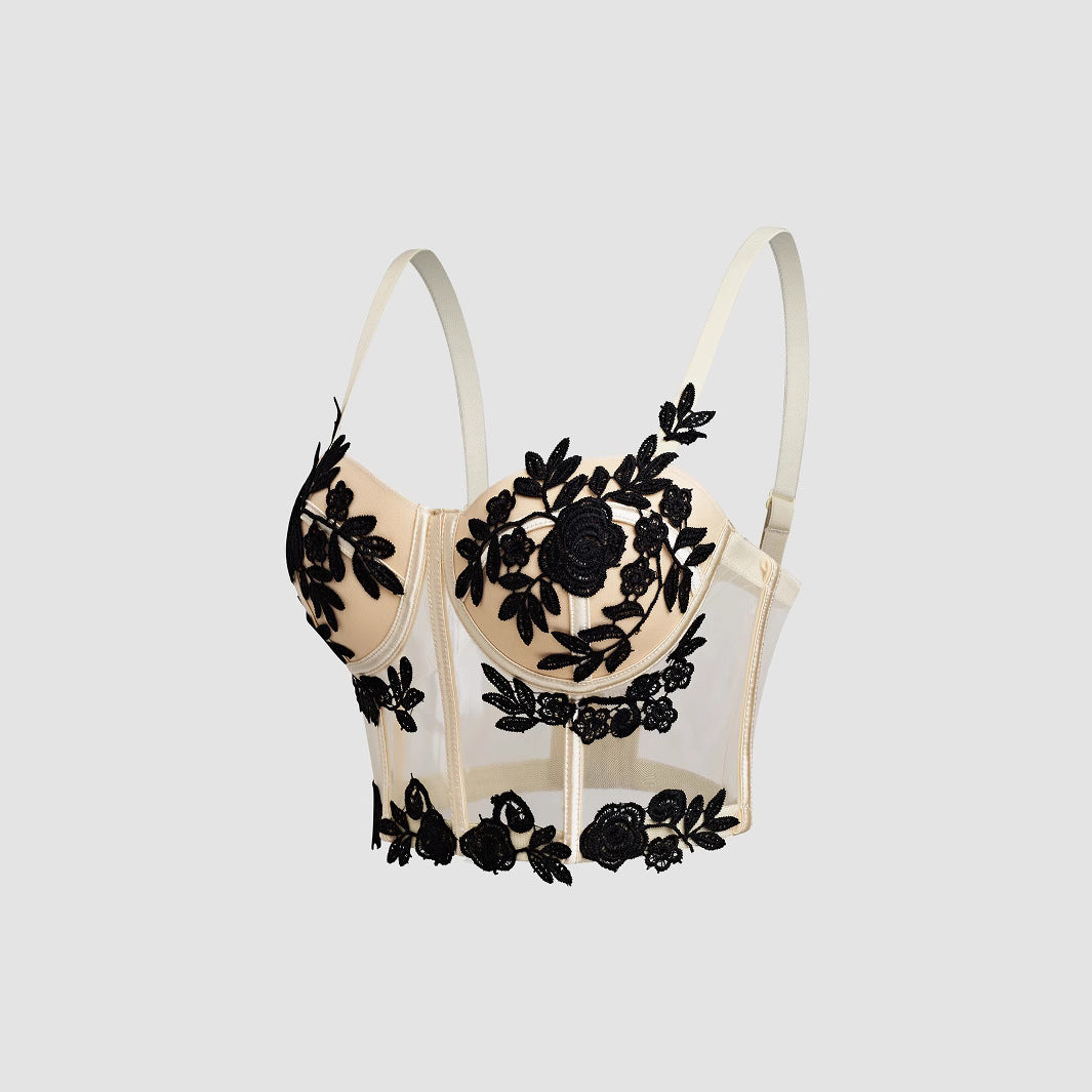 Embroidered Floral Sexy Sheer Mesh Fitted Boned Bustier