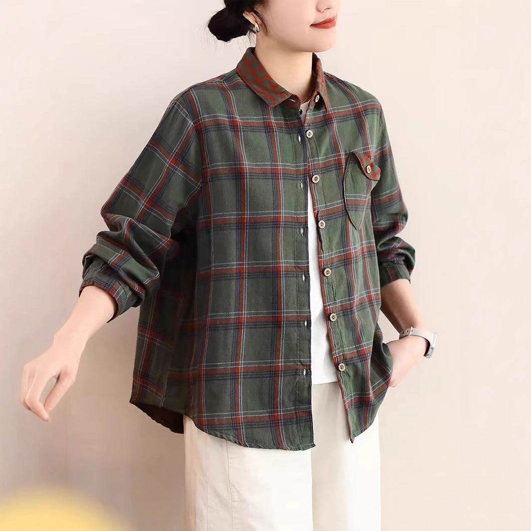 Spring New Cotton Plaid Shirt Women's Casual Versatile Loose Slim Korean Version Long Sleeve Blouse