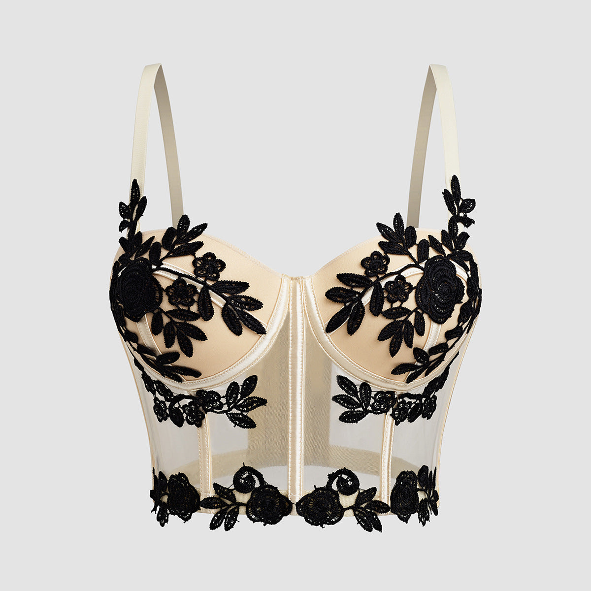 Embroidered Floral Sexy Sheer Mesh Fitted Boned Bustier