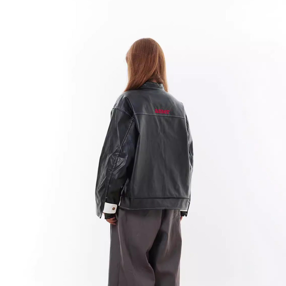 Red and white contrasting embroidered leather jacket with stand up collar