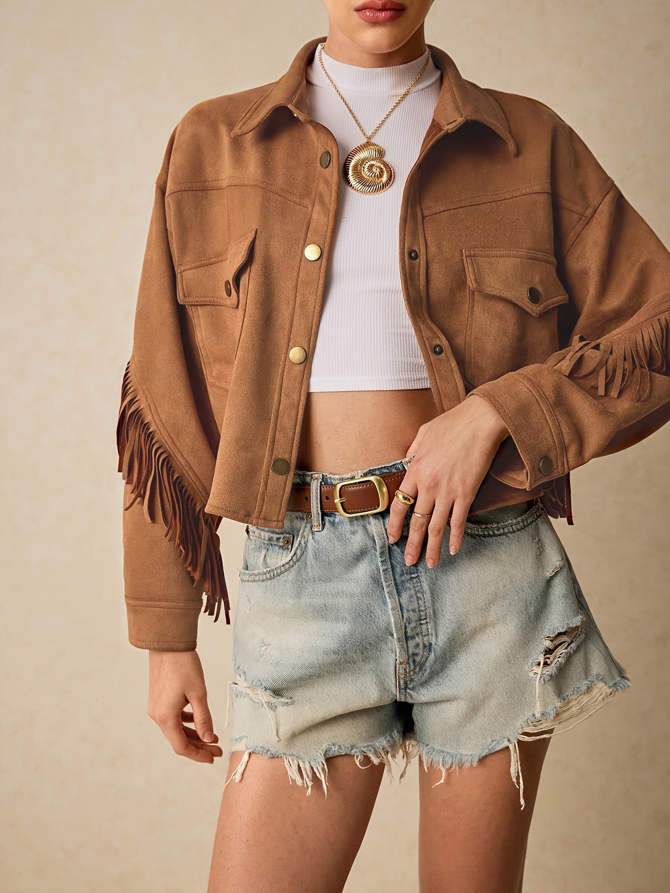 Women's Solid Color Drop Shoulder Long Sleeve Fringe Trim Casual Jacket