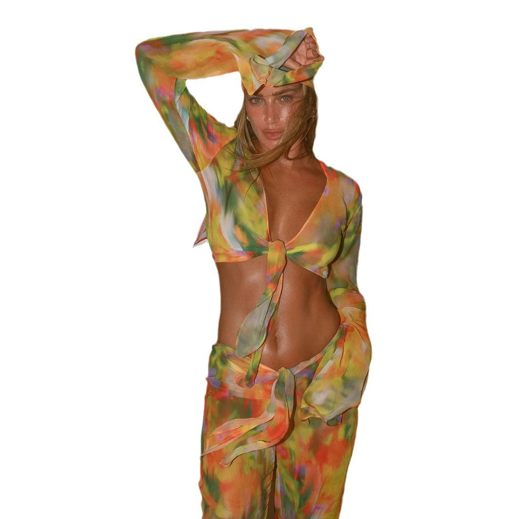 European and American Style Printed Striped Tie-Dye Belted Chiffon Beach Pants Set