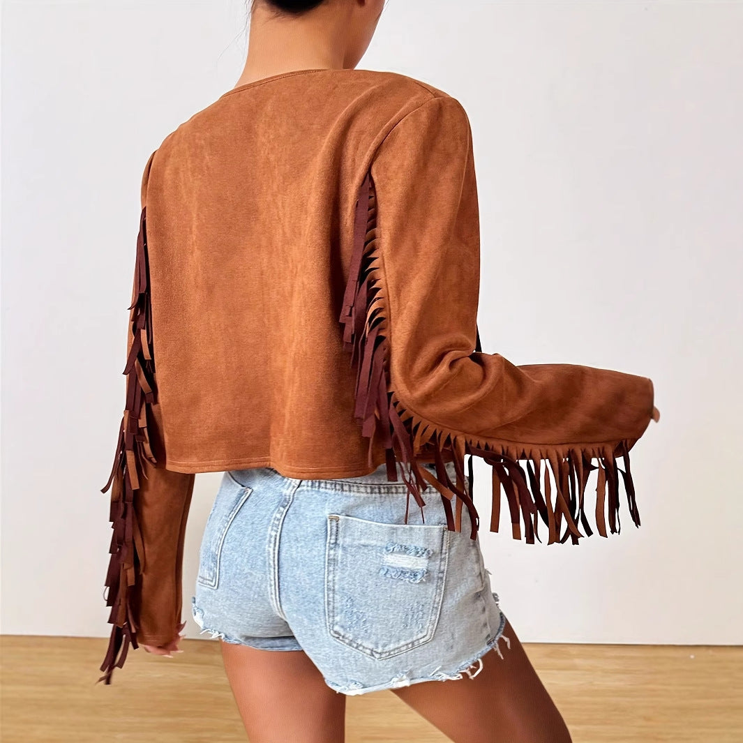 Women's Short Solid Color Loose Retro Street Tassel Jacket