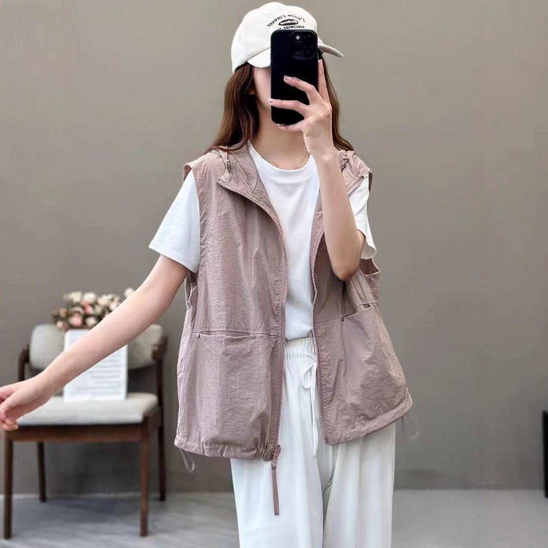 Spring and Summer Lightweight Breathable Outdoor Sports Casual Two-Way Wear Hooded Vest for Women Fashion Versatile Waistcoat Outerwear